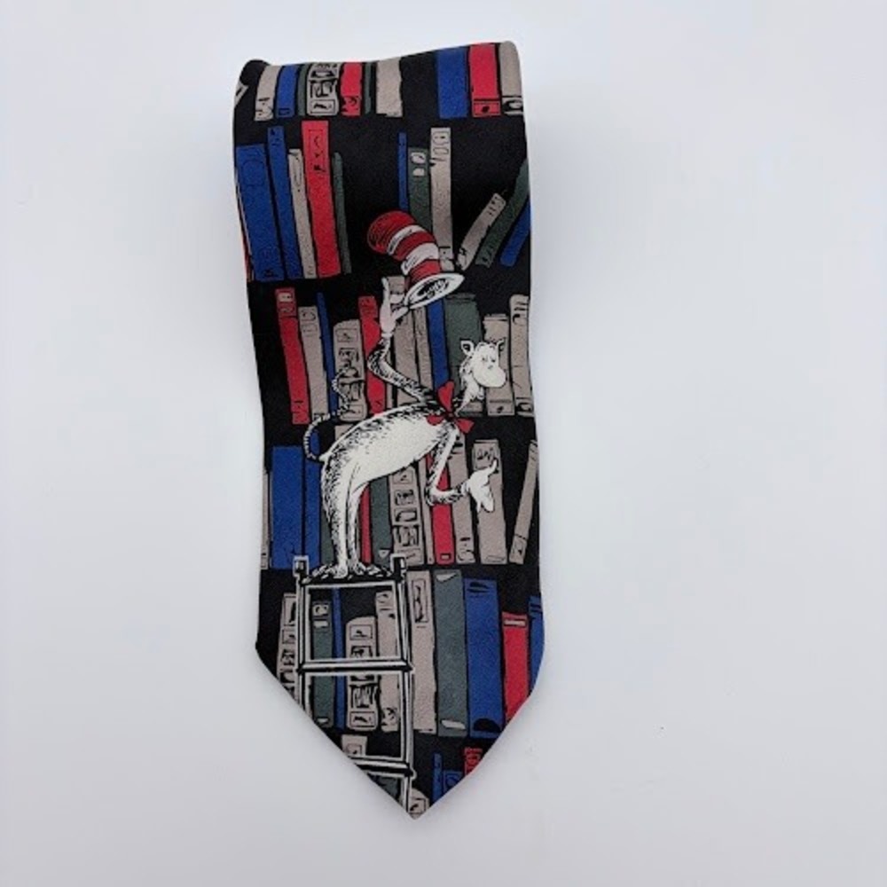 Dr. Seuss Necktie Mens OS Black Multi Bookshelf Cat in the Hat Silk Novelty VTG